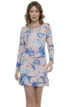 Vestido Curto Viscolycra Decotado Manga Longa Tropical Rosa-g F081 Vestido Curto Viscolycra Decotado Manga Longa Tropical Rosa-g F081