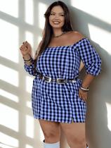 Vestido Curto Xadrez Plus Size Meia Estação Manga 3/4 Lastex Ajustável Casual Festa Junina