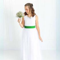 Vestido Dama de Honra Infantil Longo Branco Faixa Verde Bandeira Daminha Florista REF4072 Vestido Dama de Honra Infantil Longo Branco Faixa Verde Bandeira Daminha Florista REF4072
