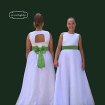 Vestido Dama de Honra Infantil Longo Branco Faixa Verde Bandeira Daminha Florista REF4072 Vestido Dama de Honra Infantil Longo Branco Faixa Verde Bandeira Daminha Florista REF4072