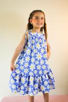 Vestido De Alça Azul Claro e Margarida Branca Se Tu Benção Rodado Solto Menina