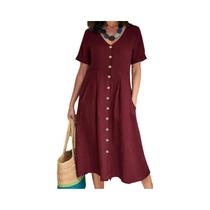 Vestido De Algodão E Linho plus Size Com Decote Em V, Manga Curta, Botão Único, Elegante, Solto E