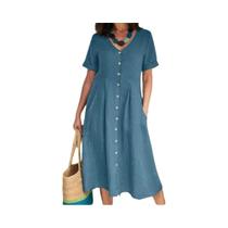 Vestido De Algodão E Linho plus Size Com Decote Em V, Manga Curta, Botão Único, Elegante, Solto E