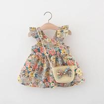 Vestido De Algodão Floral De Verão Com Bolsa Crossbody Para Bebês Meninas De 0 A 3 Anos Manga