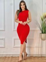 Vestido de Algodão midi, regata, tubinho, com fenda lateral elegante, Canelado Premium feminino dia a dia colado alça larga roupa verão decote redondo