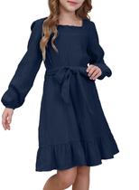Vestido de algodão para meninas, estilo outono, manga comprida, tamanho 10-11 anos, azul marinho