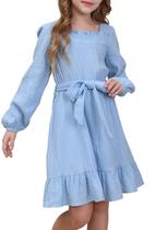 Vestido de algodão para meninas, estilo outono, manga comprida, tamanho 10-11, azul claro