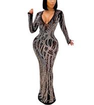 Vestido de aniversário CUTUBLY, manga comprida, malha de strass, preto