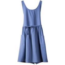 Vestido de avental de linho de algodão estilo coreano com gola redonda e bolsos Vestido de avental de linho de algodão estilo coreano com gola redonda e bolsos