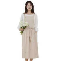 Vestido de avental, estilo coreano, bordado, algodão, linho, cintura