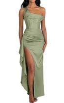 Vestido de baile Alphirkut, longo, plissado, cetim, sem ombros, verde sálvia Vestido de baile Alphirkut, longo, plissado, cetim, sem ombros, verde sálvia