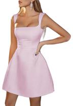 Vestido de baile BIRENEROBE Blush Pink Satin A Line com gola quadrada Vestido de baile BIRENEROBE Blush Pink Satin A Line com gola quadrada