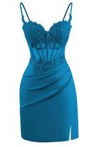 Vestido de baile Clothfun, aplique de renda acetinada, curto, azul-petróleo, tamanho 6