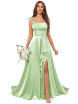 Vestido de baile Dansiuey 2026 verde sálvia, cetim, com babados, sem mangas