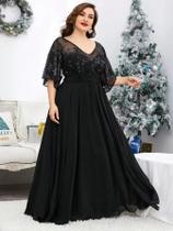 Vestido De Baile De Chiffon Com Manga Trompete Transparente Bordado Com Lantejoulas plus Size