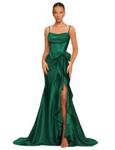 Vestido de baile Dessiny verde escuro acetinado longo com fenda para mulheres Vestido de baile Dessiny verde escuro acetinado longo com fenda para mulheres