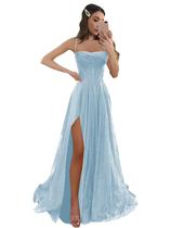 Vestido de baile LANGKAAO, longo, com alças espaguete, glitter, azul claro