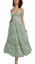 Vestido de baile Loyeloy Flower Bordado em Tule, comprimento do chá, evasê