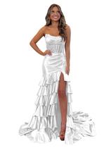 Vestido de baile Mollyevers, branco, cetim, sereia, fenda em camadas, 16 W