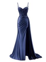 Vestido de baile RUMUGUYA, apliques de renda, sereia, cetim, azul marinho