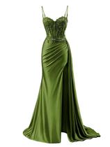 Vestido de baile RUMUGUYA Classic, apliques de renda longa, cetim, verde-oliva Vestido de baile RUMUGUYA Classic, apliques de renda longa, cetim, verde-oliva