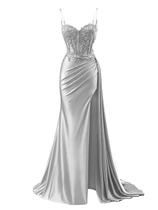 Vestido de baile RUMUGUYA Plus Size, apliques de renda longa, prata acetinada