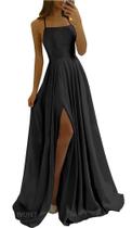 Vestido de baile Tvuyet Long Satin A Line 2026 com fenda preta sem encosto