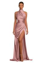 Vestido de baile Yilis Dusty Rose, cetim, gola alta, fenda longa
