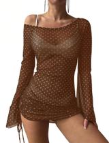 Vestido de banho com capa ZAFUL Off Shoulder Hollow Brown Dot Vestido de banho com capa ZAFUL Off Shoulder Hollow Brown Dot