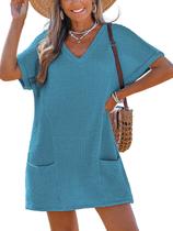 Vestido de banho CUPSHE Waffle Knit com decote em V azul para mulheres Vestido de banho CUPSHE Waffle Knit com decote em V azul para mulheres