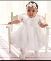 Vestido de Bebê Batizado Branco Menina com Faixa de Cabelo 2 Peças Roupa de Bebê