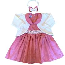 Vestido de bebê com bolero com detalhe em pérola e tiara 100% algodão - carol - Mundo Nina Kids