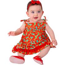 Vestido de bebê melancia com calcinha e tiara 100% algodão mundo nina luiza