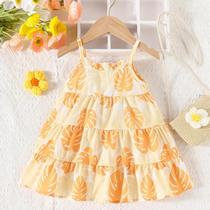 Vestido de Bebê Menina - Alça com Padronagem de Folhas - Ideal para Verão, Praia e Férias