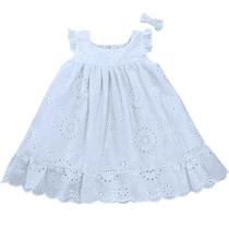 Vestido de Bebê Menina Branco em Laise com Forro e Tiara 100 Algodão Ideal Para Batizado Luxo