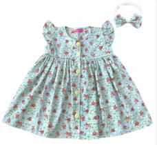 Vestido de Bebê Menina Florido com Tiara Luxo 100 Algodão
