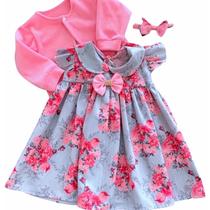 Vestido de Bebê menina infantil 3 peças com bolero e tiara 100% algodão - Mundo Nina Kids - Amor Perfeito