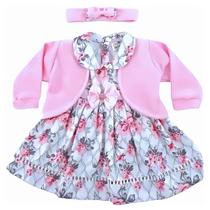 Vestido de Bebê menina infantil 3 peças com bolero e tiara 100% algodão - Mundo Nina Kids - Imperial Rosa Vestido de Bebê menina infantil 3 peças com bolero e tiara 100% algodão - Mundo Nina Kids - Imperial Rosa