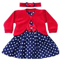 Vestido de Bebê menina infantil 3 peças com bolero e tiara 100% algodão - Mundo Nina Kids - Poá Azul