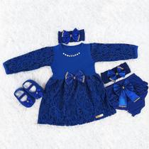 Vestido De Bebê Menina Manga Longa Batizado Renda Kit 5 Pçs Azul