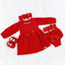 Vestido De Bebê Menina Manga Longa Batizado Renda Kit 5 Pçs Vermelho