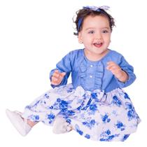 Vestido de Bebê Menina Manga Longa Florido Azul com Tiara 100% Algodão Mundo Nina Sara