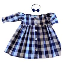 Vestido de Bebê Menina Manga Longa Xadrez Azul com Tiara 100% Algodão Valentina