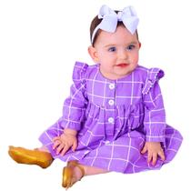 Vestido de Bebê Menina Manga Longa Xadrez Lilás com Tiara 100% Algodão Mundo Nina Paola