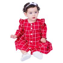 Vestido de Bebê Menina Manga Longa Xadrez Vermelho com Tiara 100% Algodão Maria Flor