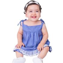 Vestido de Bebê Roupa Menina Infantil Com Calcinha e Tiara - 100% Algodão - Mundo Nina - Jeans Novo
