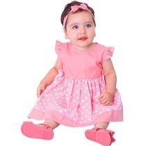 Vestido de Bebê Roupa Menina Infantil Com Tiara 100% Algodão - Minnie Rosa