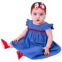 Vestido de Bebê Roupa Menina Infantil Com Tiara 100% Algodão - Mundo Nina - Jeans Vestido de Bebê Roupa Menina Infantil Com Tiara 100% Algodão - Mundo Nina - Jeans