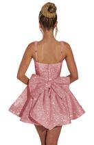 Vestido de boas-vindas, Dessiny Dusty, rosa, lantejoulas, gola quadrada, mini