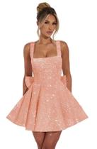 Vestido de boas-vindas, Dessiny, gola redonda, lantejoulas, aline, rosa pêssego Vestido de boas-vindas, Dessiny, gola redonda, lantejoulas, aline, rosa pêssego